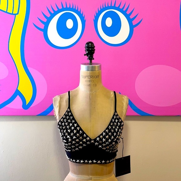 Norma Kamali Black Jersey Silver Star Studs Slip Bra Top